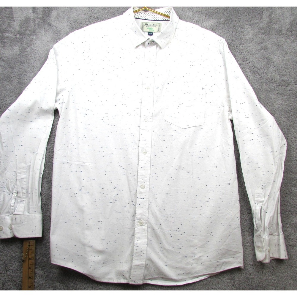 Heritage Shirt Mens XL White Polka Dot Long Sleeve Button Front Casual Woven Top